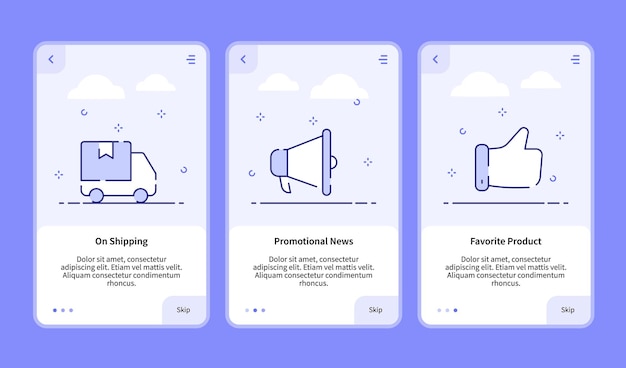 モバイルアプリのバナーテンプレートのプロモーションニュースのお気に入りの製品の出荷に関するコマースのオンボーディング
