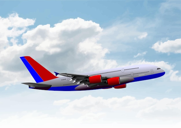 Commercial aircraft flying high among white clouds