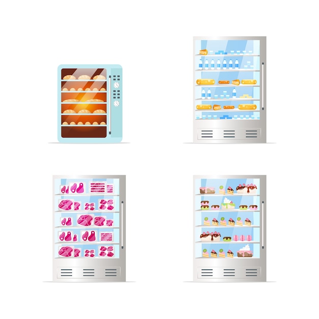 Vector commercial fridges flat color objects set. oven with bread. freezers with desserts, dairy products and meat. isolated cartoon