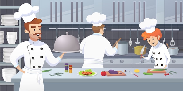 Vector commercial kitchen with cartoon characters chef