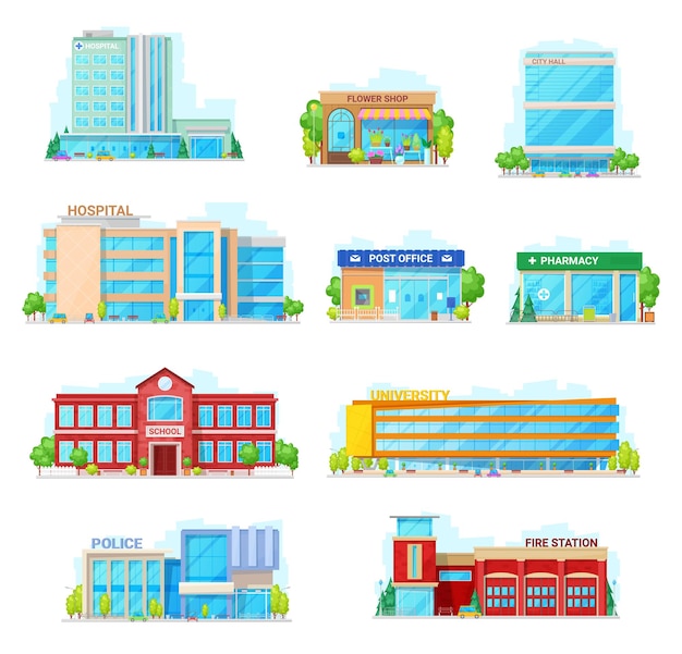 Commercial and municipal city buildings icons