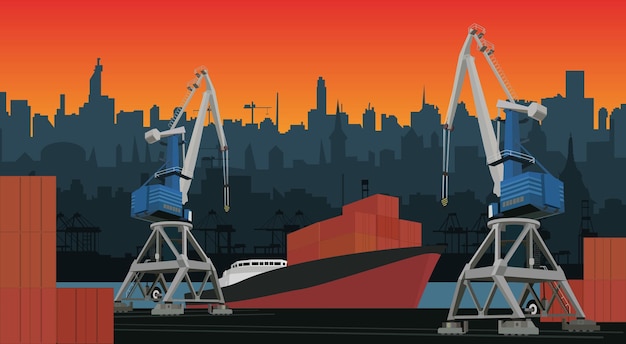 Commercial port with container ship at the pier and cargo cranes city skyline on background with sunset Cityscape and cargo port with cranes Layers for parallax