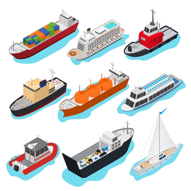 Commercial sea ships signs 3d icon set isometric view include of freight industrial boat and vessel vector illustratie van iconen