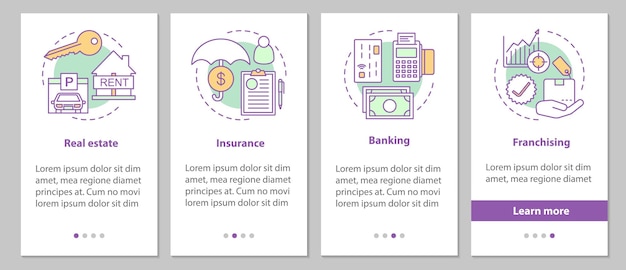 Commercial services onboarding mobile app page screen with linear concepts. real estate, insurance, banking, franchising steps graphic instructions. ux, ui, gui vector template with illustrations