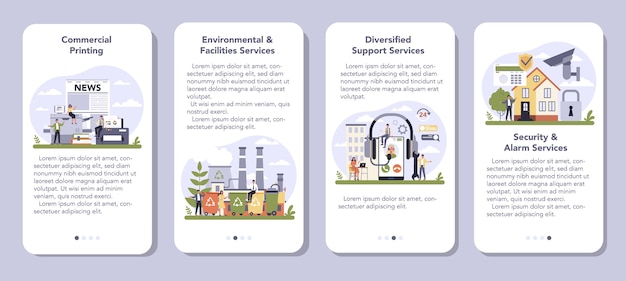 Commercial services and supplies sector of the economy mobile application banner set