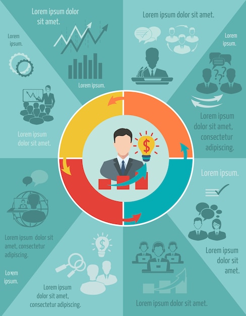 Commercieel vergaderings infographic die malplaatje met cirkeldiagram en zakenmanavatar vectorillustratie wordt geplaatst