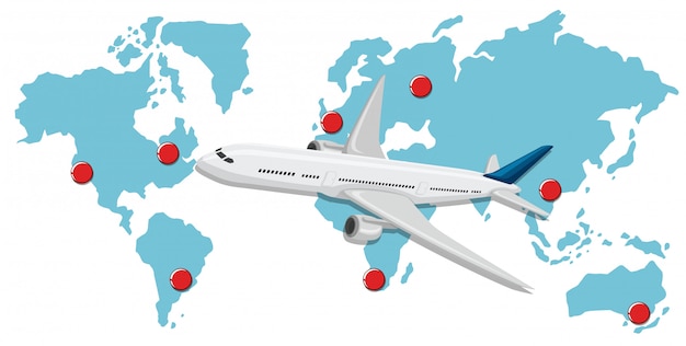 世界地図の前にある商用航空機