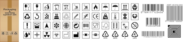 Common packaging warning symbol set Common and warning symbol set in black and white flat style Isolated on transparent