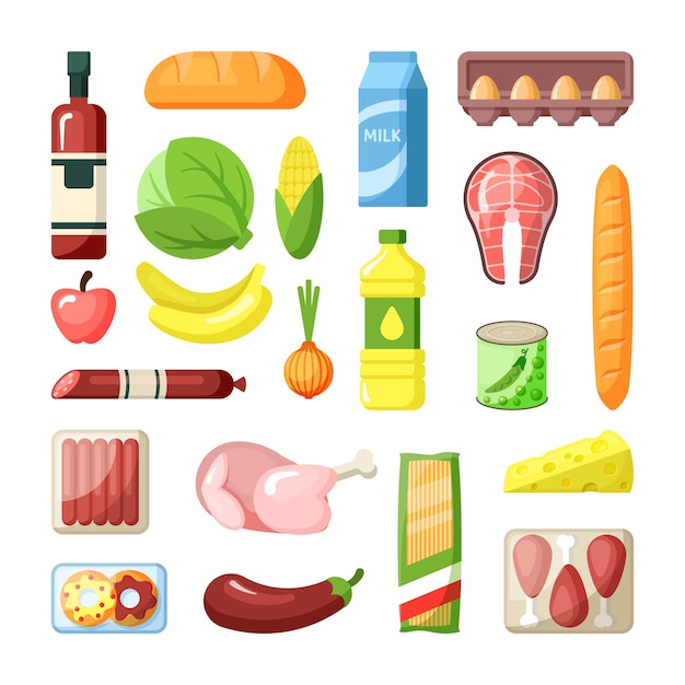 Common supermarket grocery products flat illustration set ingredients