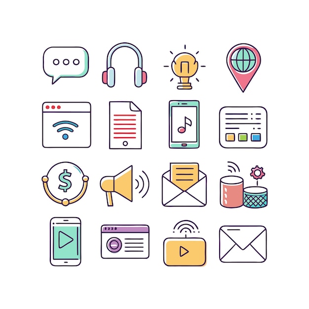 Communicatie en media Icon Set Vector Illustratie