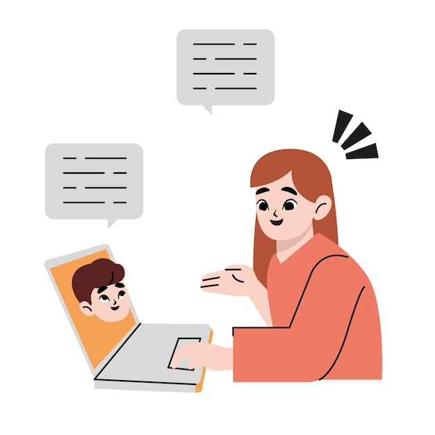 Communicatie, freelance, videoconferentie bedrijfsconcept. Jonge vrouw of meisje freelancer cartoon