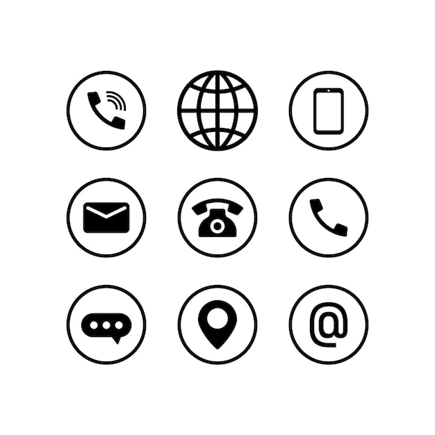 Communicatie pictogrammenset in het zwart. Oproep, browser, telefoon, bericht, locatie en e-mailteken. Vectoreps 10. Geïsoleerd op witte achtergrond.