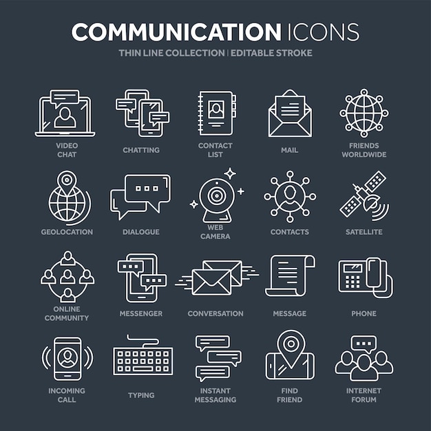 Communicatie sociale media en online chatten Telefoonoproepapp messenger Mobilesmartphone Computing e-mail Dunne lijn webpictogram setup outline pictogrammen verzameling