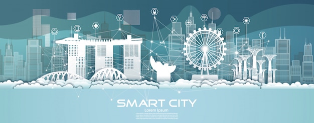 Communicatie van het technologie draadloze netwerk slimme stad met architectuur in singapore.