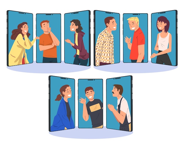 Communicatie via het internet Mensen chatten online met behulp van smartphones Sociale netwerken Concept Vector illustratie