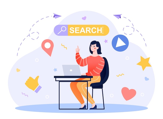 Communicatie via het internetconcept vrouw zit aan een laptop en vliegt door een sociaal netwerk.