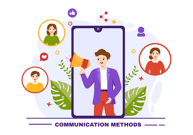 Communicatiemethoden vectorillustratie met teamverwijzingsmarketing en public relations