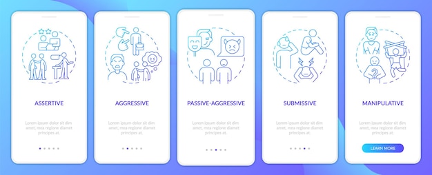Communicatiepatronen blauw verloop onboarding mobiele app-scherm