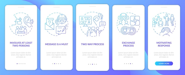 Aspetti di comunicazione schermo dell'app mobile onboarding gradiente blu