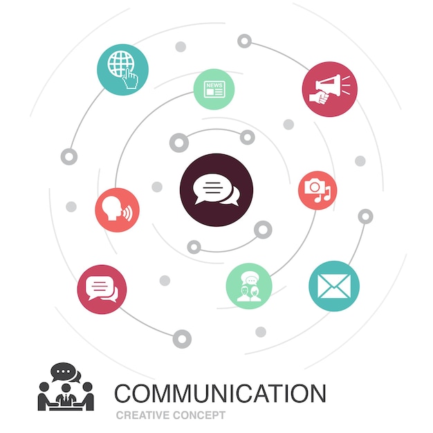 Communication colored circle concept with simple icons. Contains such elements as internet, message, discussion, announcement