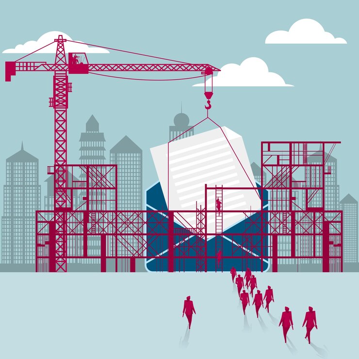 Vector communication in construction.a group of businessmen walked to the building site.