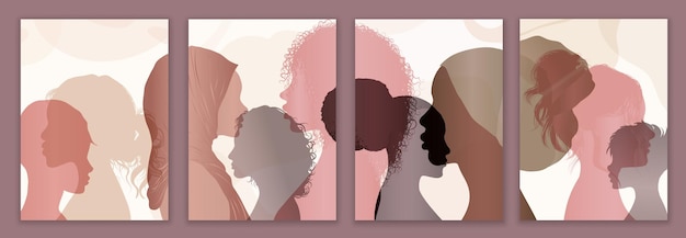 Коммуникационная группа, мультикультурное разнообразие, женщины и девушки, силуэт лица, профиль, женский плакат