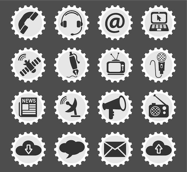 Communication icons on stylized round postage stamps