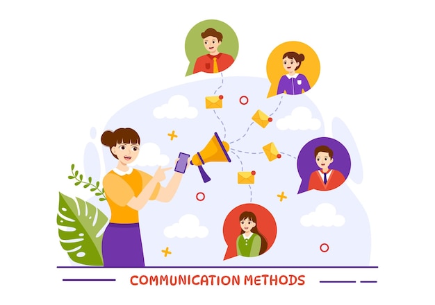 Vettore metodi di comunicazione illustrazione vettoriale con marketing di riferimento del team e pubbliche relazioni