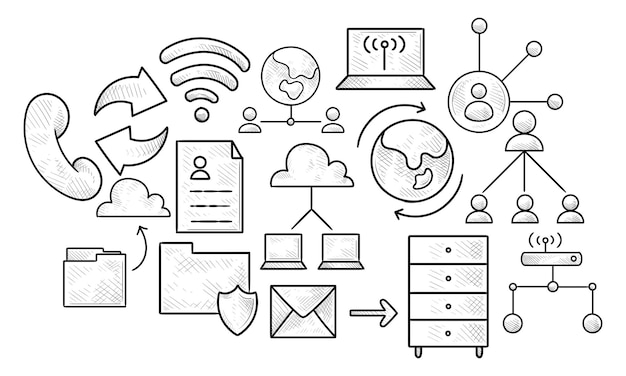 Vector communication networking handdrawn collection