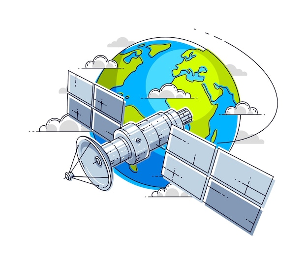 Вектор Спутник связи, летающий по орбите, космический полет вокруг земли, космическая станция космического корабля с солнечными панелями и спутниковой антенной. тонкая линия трехмерной векторной иллюстрации.