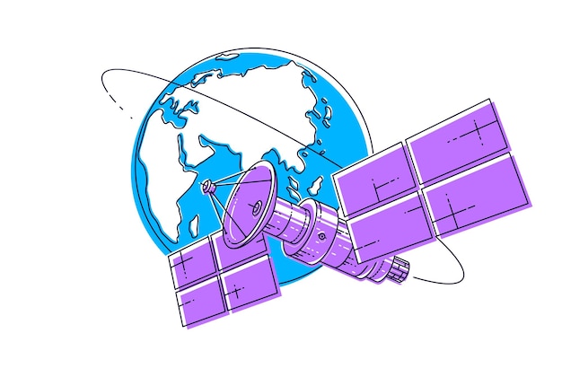 Спутник связи, летающий по орбите, космический полет вокруг земли, космическая станция космического корабля с солнечными панелями и спутниковой антенной. тонкая линия трехмерной векторной иллюстрации.