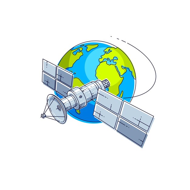 Vettore satellite di comunicazione in volo spaziale orbitale intorno alla terra, stazione spaziale del veicolo spaziale con pannelli solari e piastra dell'antenna satellitare. illustrazione vettoriale 3d di linea sottile.