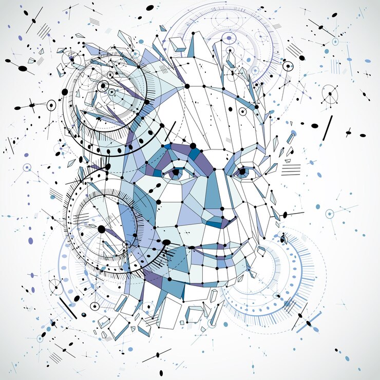Vector communication technology 3d vector background made with engineering draft elements and mechanism parts, science subject. low poly illustration of human head full of thoughts, intelligence allegory.