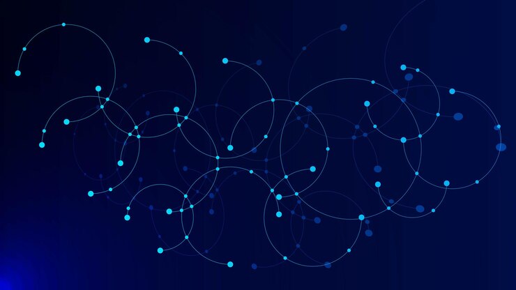 Vector communication technology concept with connecting circle lines and dots on dark blue background