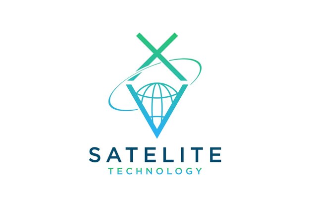 Communication technology logo with X V letter initial surrounded by satellite orbit line