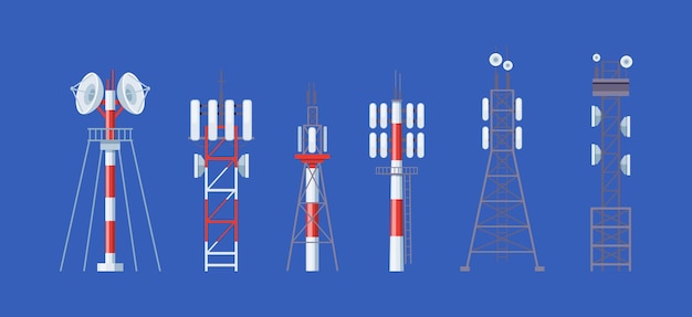 Set di torri di comunicazione. tralicci radio wireless e torri di telecomunicazione, antenna radio tv. antenna satellitare di comunicazione, trasmissione televisiva wireless isolata