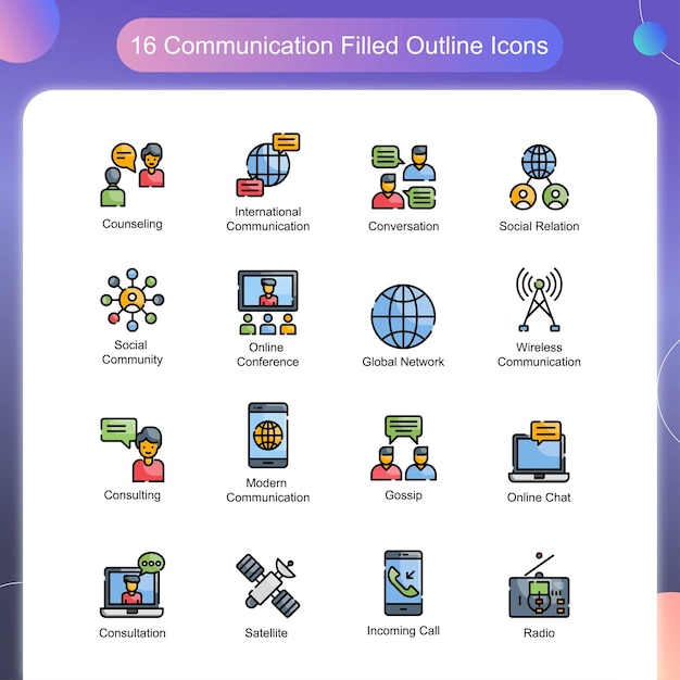 通信ベクトル塗りつぶしアウトライン アイコン セット 02