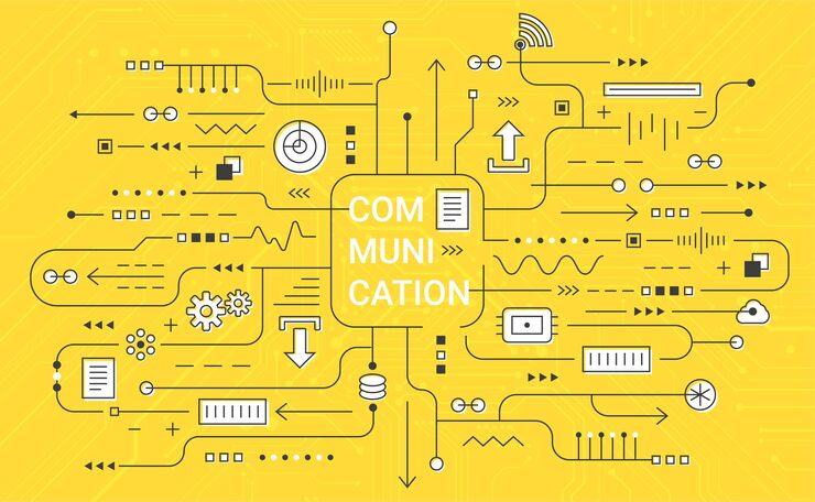 Vector communication visualization connection concept technology data array visual on yellow background with circuit for web banner vector illustration