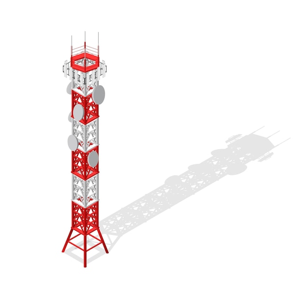 Vector communications tower mobile phone base or radio for wireless connections isometric view.