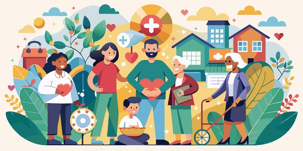 community care icons and team help illustration