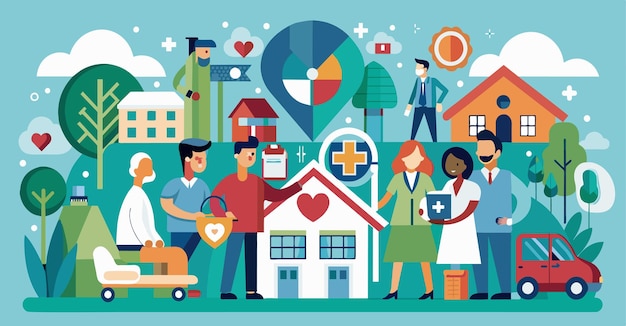 community care icons and team help illustration