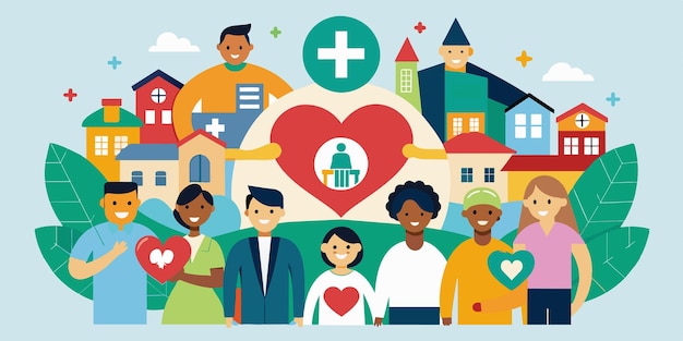 community care icons and team help illustration