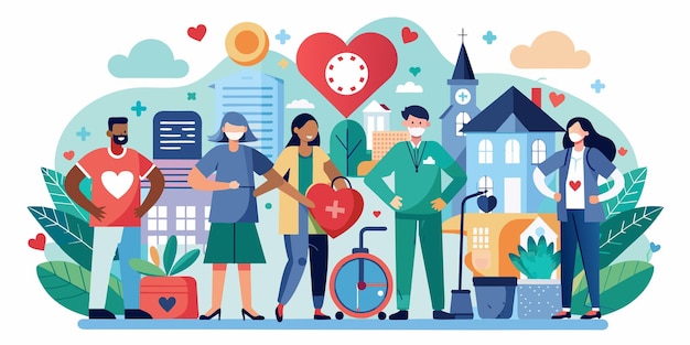 community care icons and team help illustration