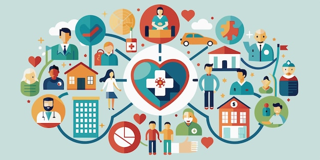 community care icons and team help illustration