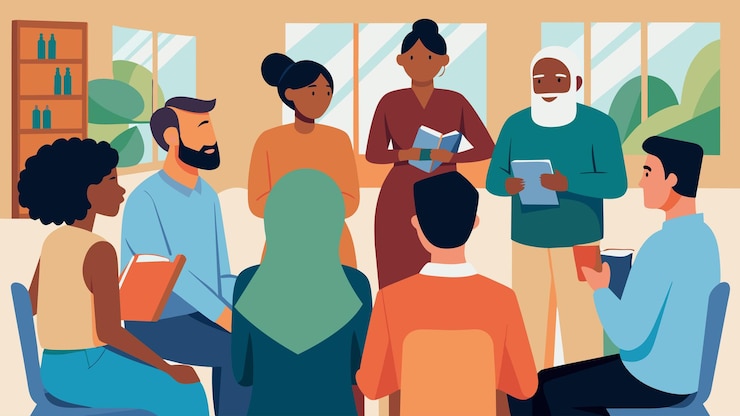 Vector in a community center a group of recent immigrants come together to discuss their experiences and
