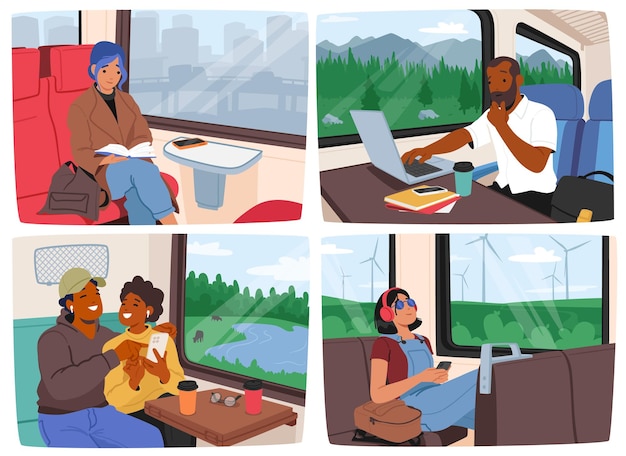 Vector commuters sitting on train seats while traveling to their destinations people reading lost in thought or talking