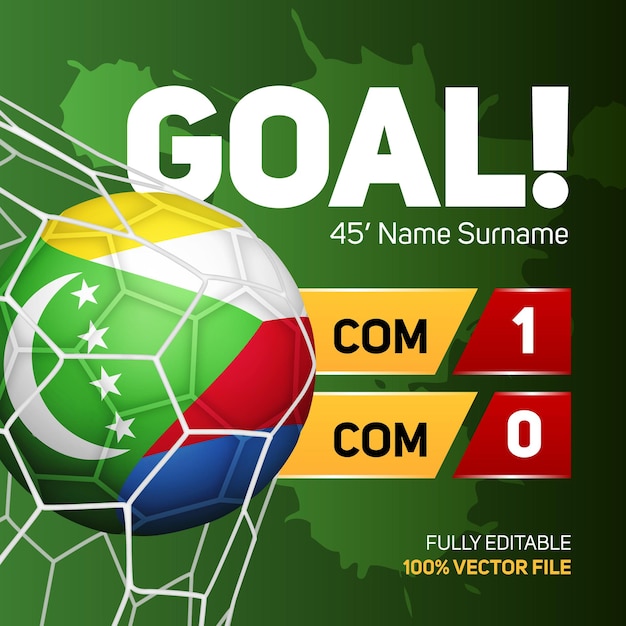 Comoren vlag voetbal voetbal mockup scoren doelpunt scorebord banner 3d vectorillustratie