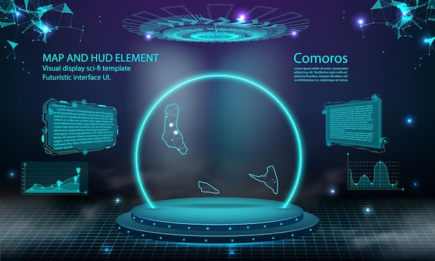 코모로 지도 빛 연결 효과 배경 추상 디지털 기술 UI GUI 미래형 HUD 코모로 지도가 있는 가상 인터페이스 안개 속의 무대 미래형 연단