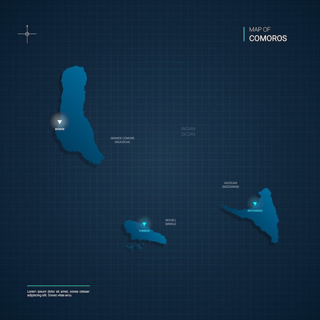 Comoros map with blue neon light points