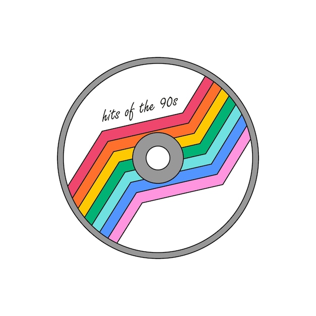 Disco audio compatto con etichetta arcobaleno apparecchiature musicali cd icona segno simbolo degli anni '90 00 illustrazione vettoriale con contorno isolato su sfondo bianco